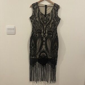Flapper Dress Women Sz Lg Black 1920s Gatsby Flapper Party Holiday NYE Lace Sexy